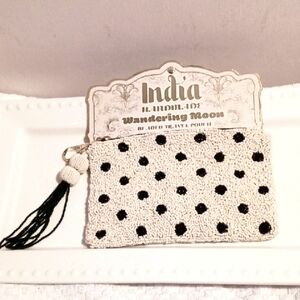 Wandering Moon🌙Cream and Black Glass Beaded Mini Bag With Tassle ⚜️